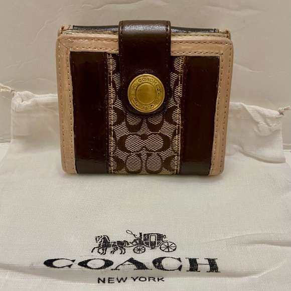 Coach Brown Mono Canvas-Beige- BrownLeather Trifold Compact Wallet with Dust Bag - Picture 2 of 12
